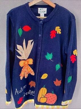 Quacker Factory Navy Cardigan with Multicolor Autumn Appliqués